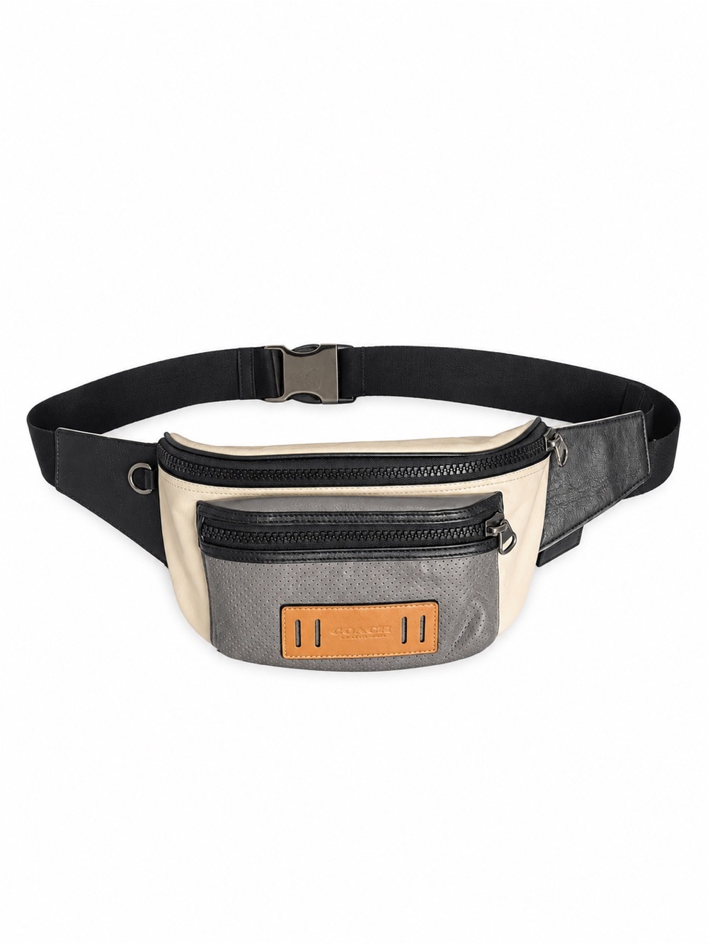 Coach Men's Cream, Gray & Black Leather Belt Bag with Tan Patch